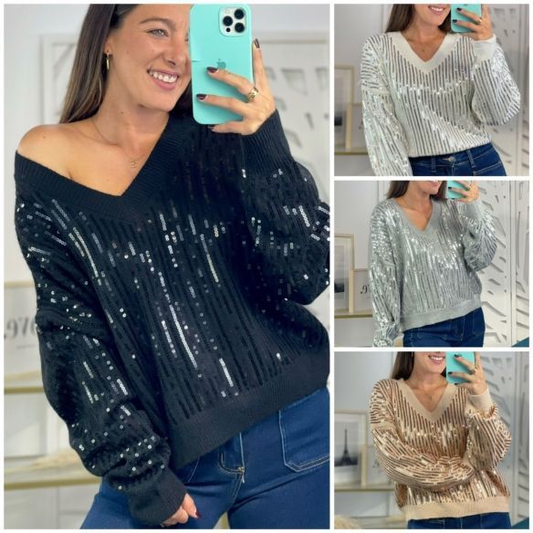 Jersey Cuello Pico Lentejuelas