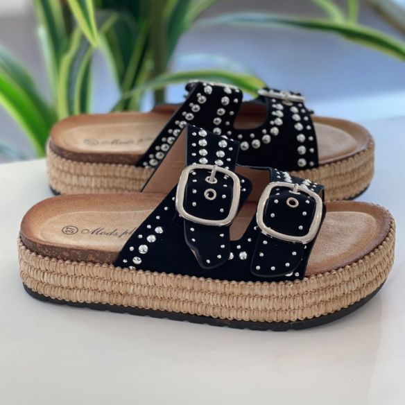 Sandalia Hebillas Tachuelas Doble Suela - Negro