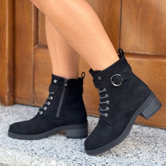 Botín Antelina Cordones y Hebilla - Negro