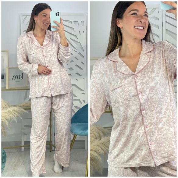 Pijama Camisero Flores Rosa