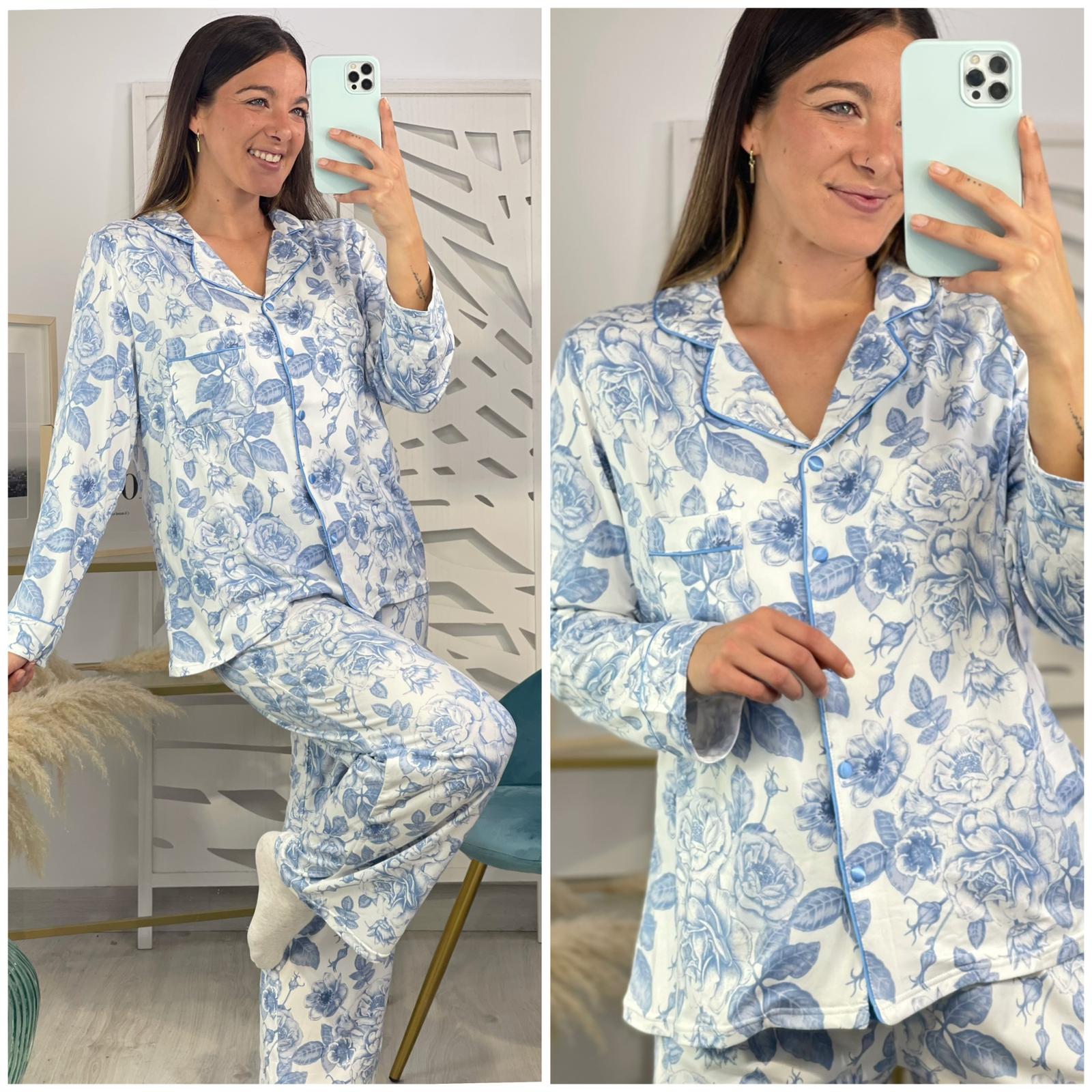 Pijama Camisero Flores Azul