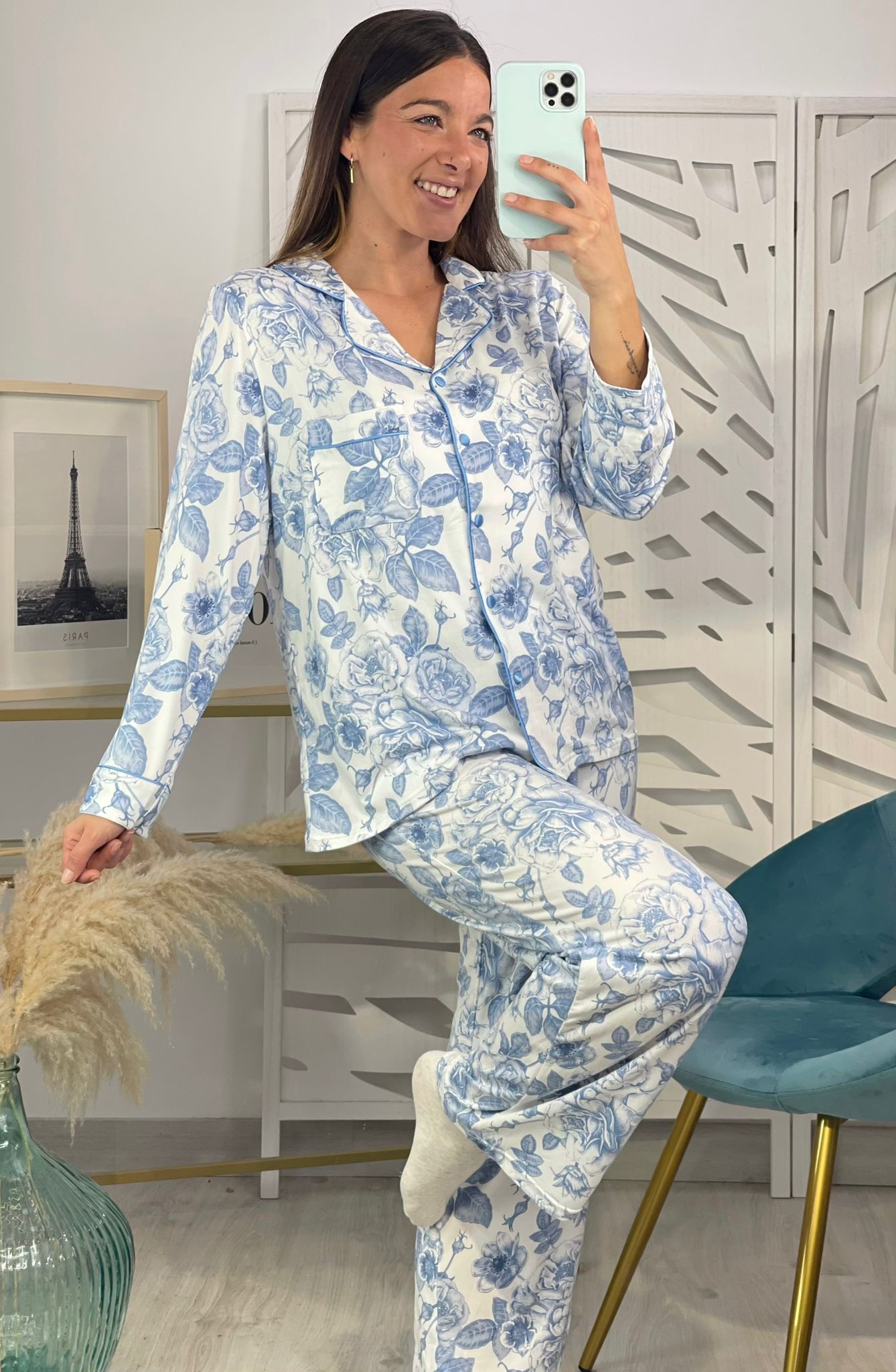 Pijama Camisero Flores Azul - Imagen 2