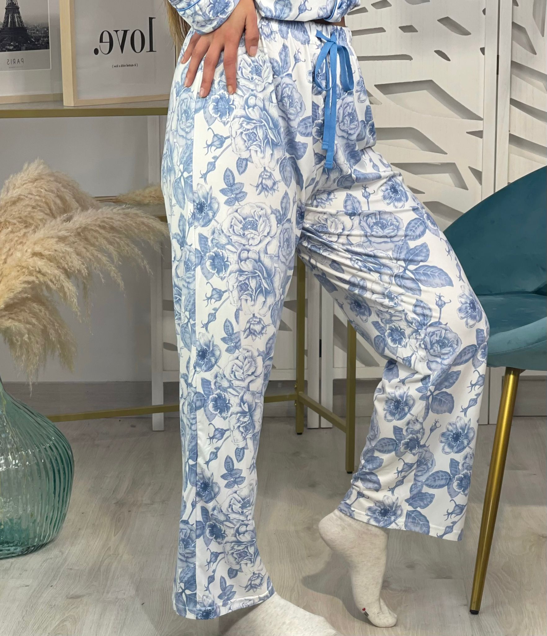 Pijama Camisero Flores Azul - Imagen 5