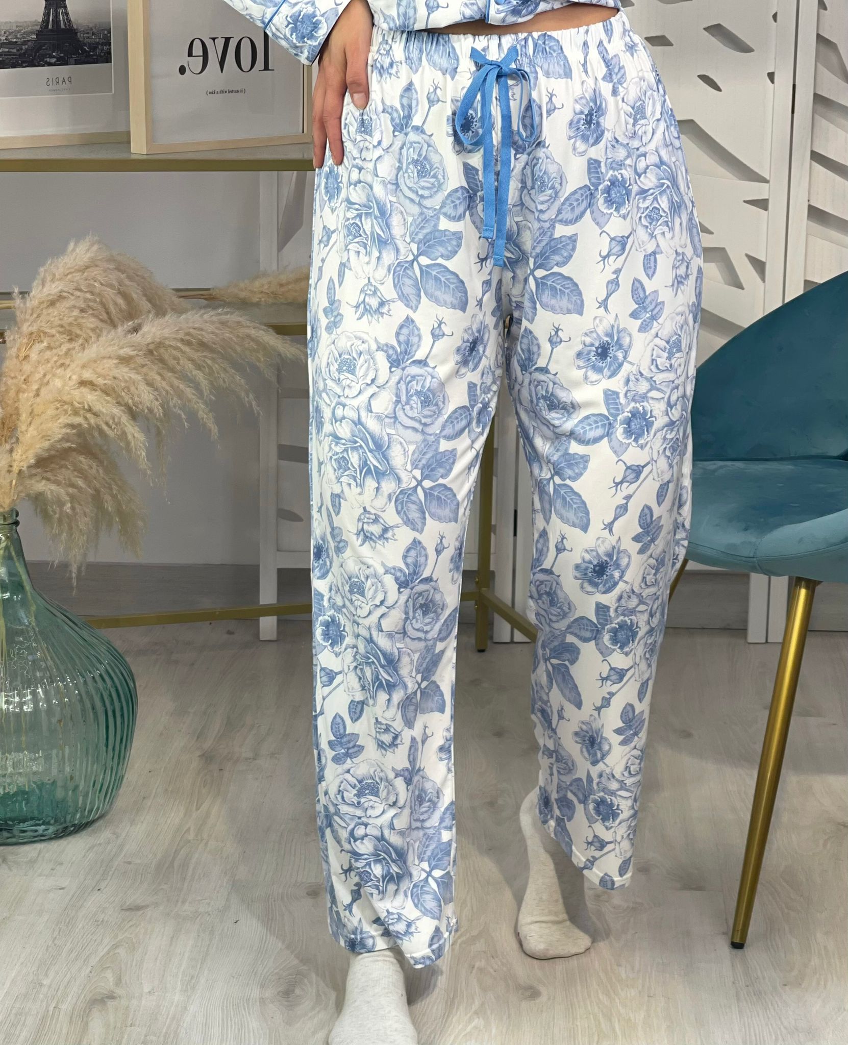 Pijama Camisero Flores Azul - Imagen 4