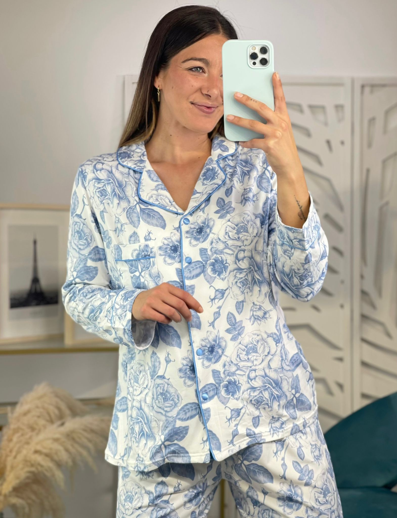 Pijama Camisero Flores Azul - Imagen 3