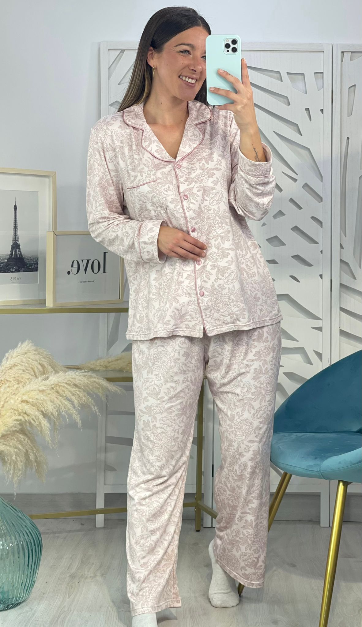 Pijama Camisero Flores Rosa - Imagen 2