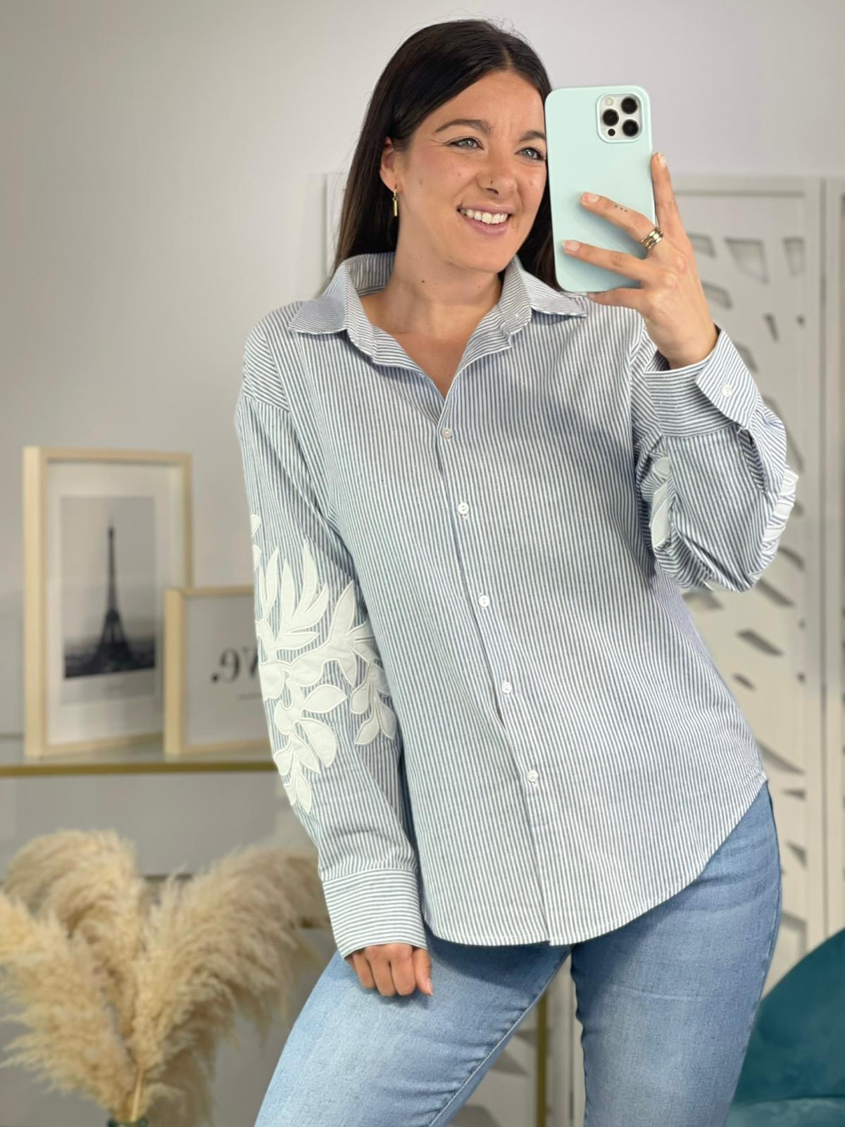 Camisa Rayas Flor Mangas - Imagen 3