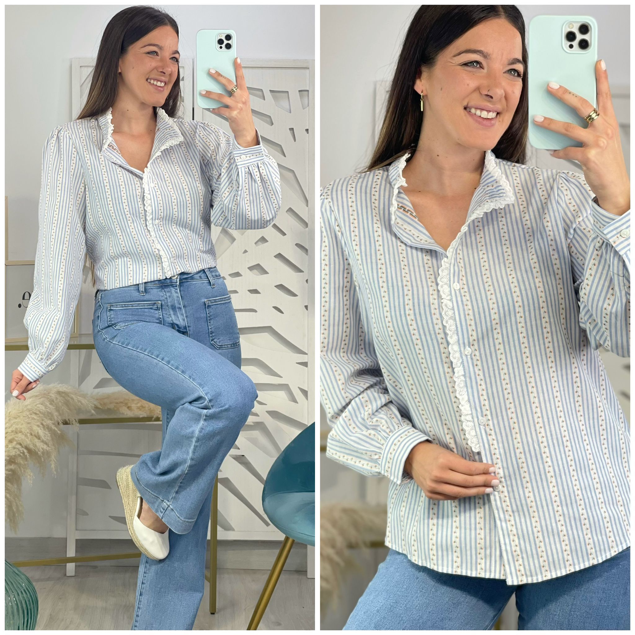Blusa Rayas Cuello Encaje