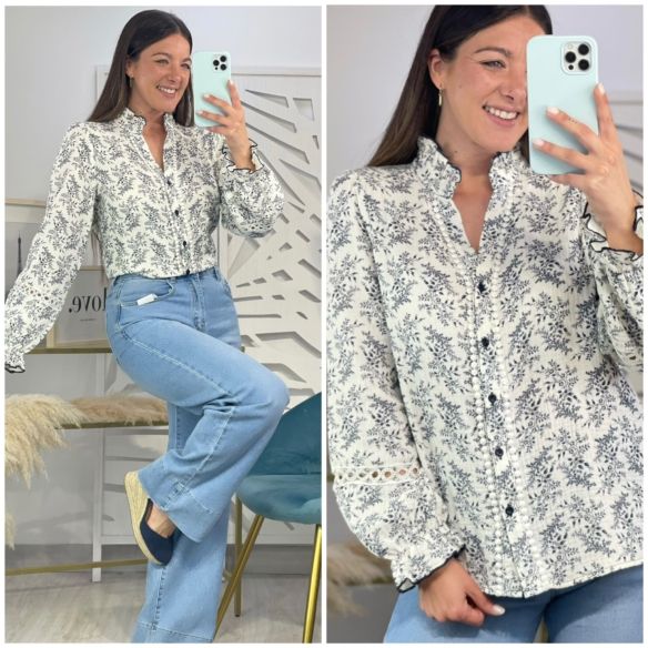 Camisa Flores Cuello Mao