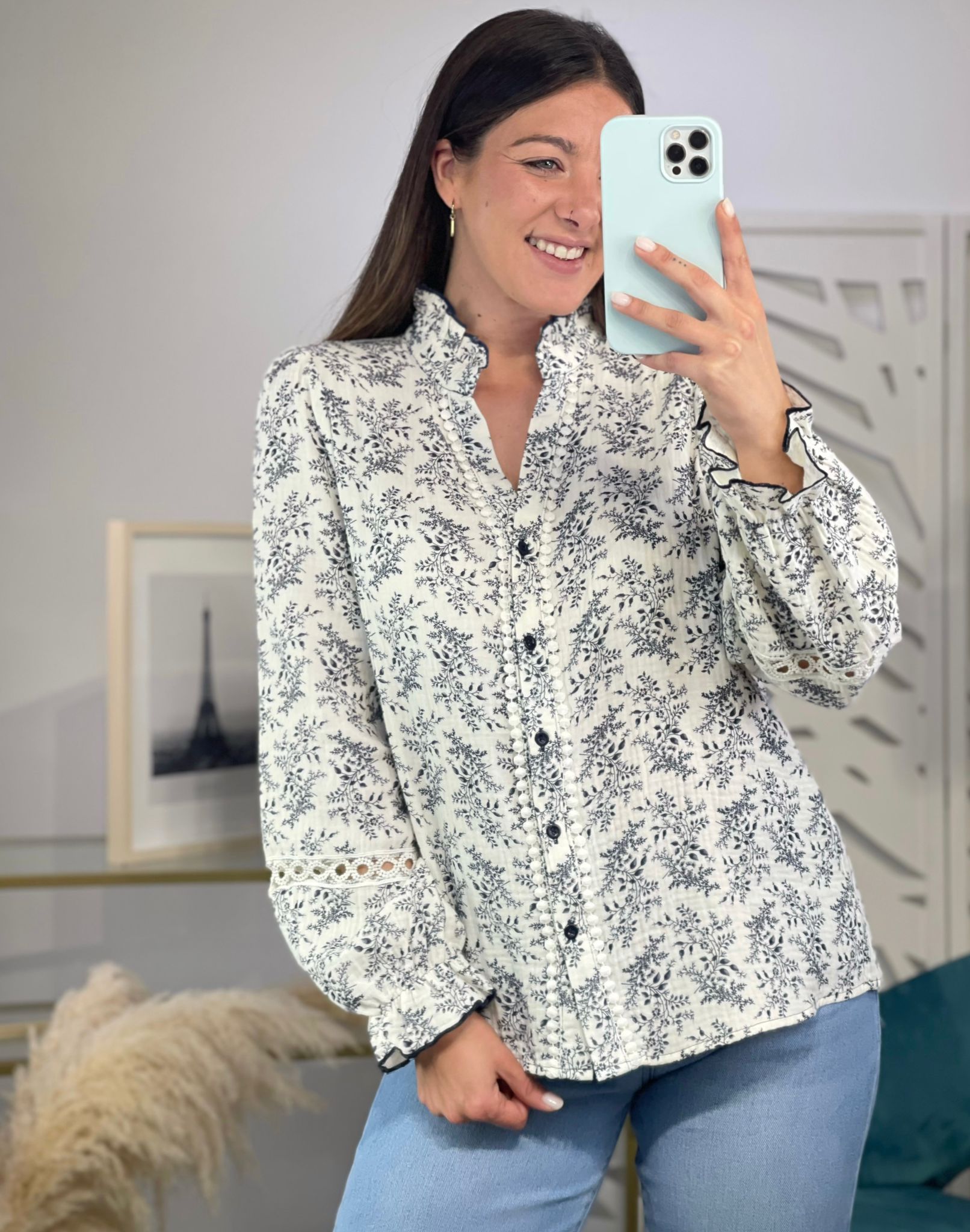 Camisa Flores Cuello Mao - Imagen 4