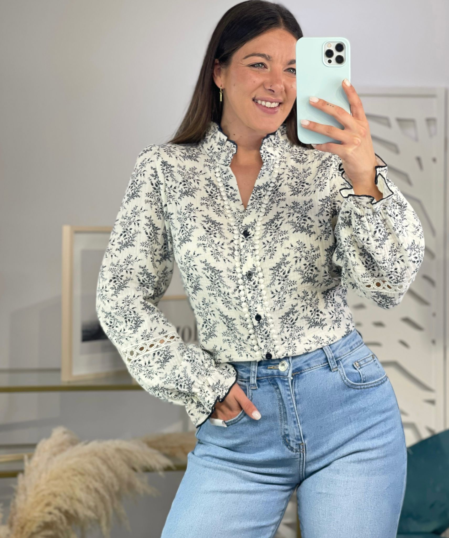 Camisa Flores Cuello Mao - Imagen 2