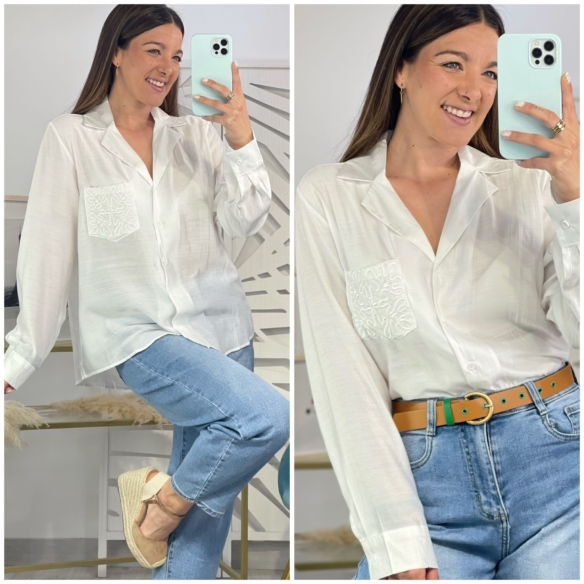 Camisa Blanca Bolsillo Bordado