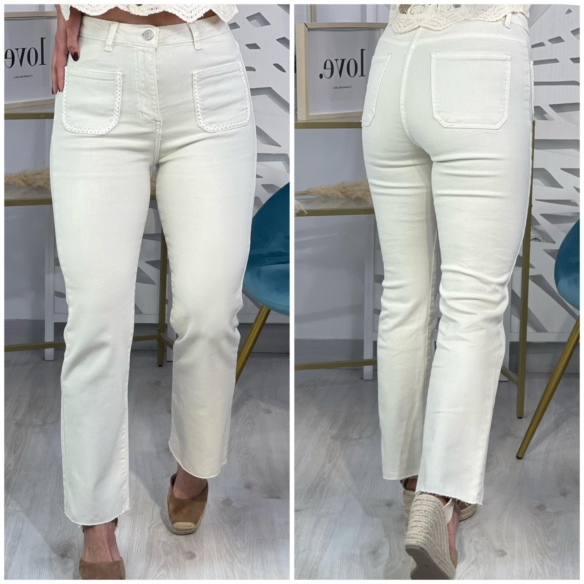 Pantalón Bolsillo Bordado - Beige