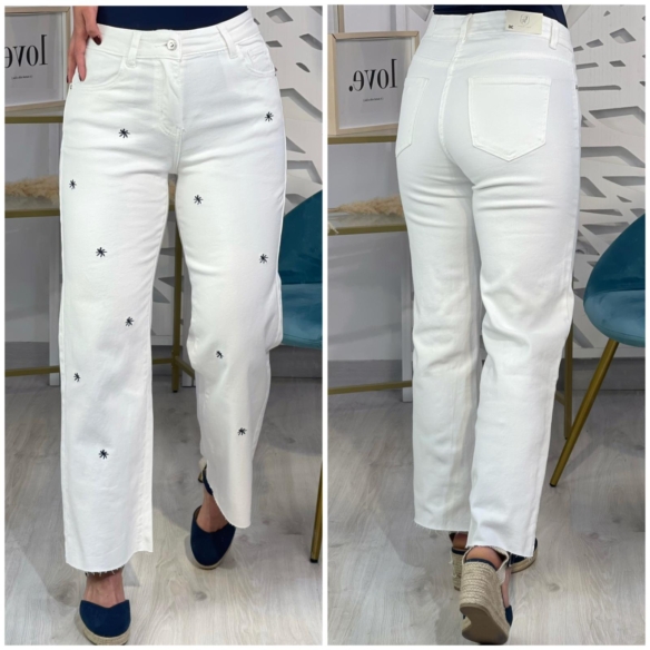 Pantalón Recto Blanco Detalle Azul