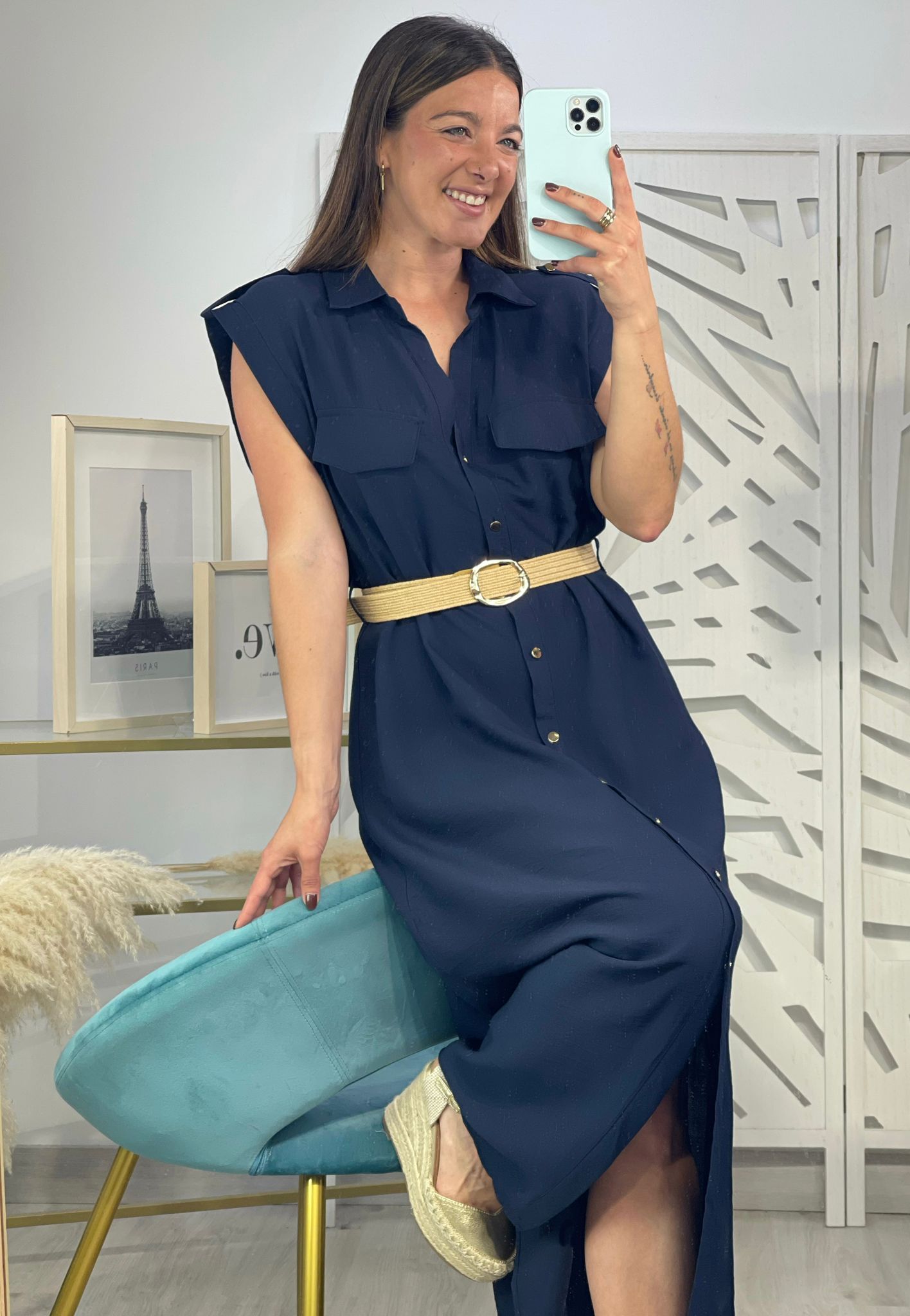 Vestido Camisero Hombreras + Cinturón - Imagen 10