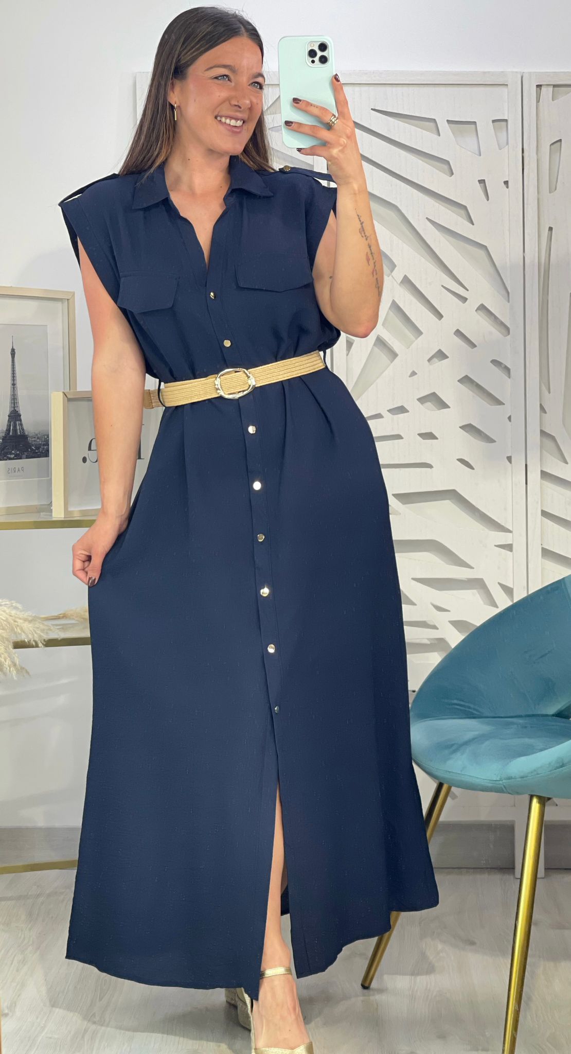 Vestido Camisero Hombreras + Cinturón - Imagen 9