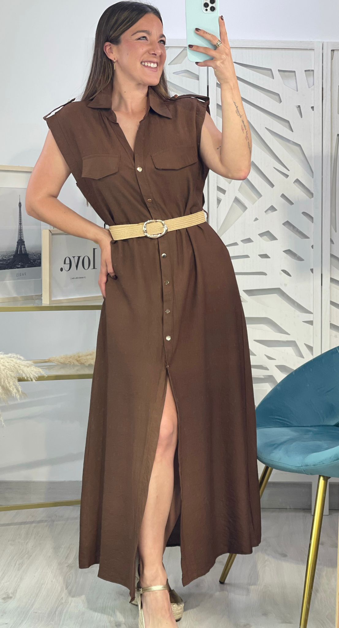 Vestido Camisero Hombreras + Cinturón - Imagen 7