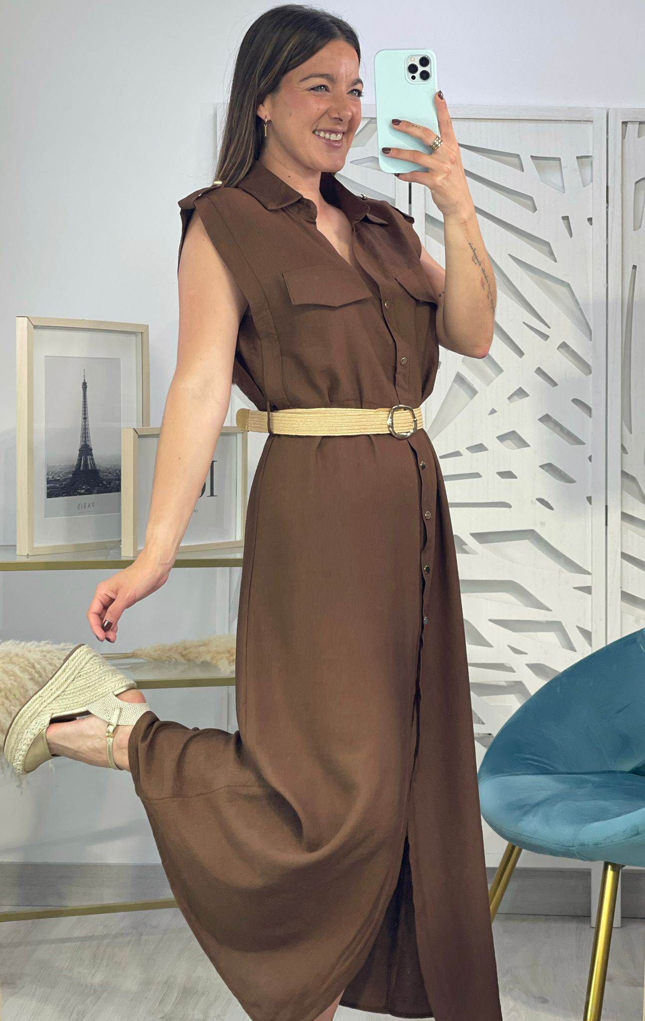 Vestido Camisero Hombreras + Cinturón - Imagen 5