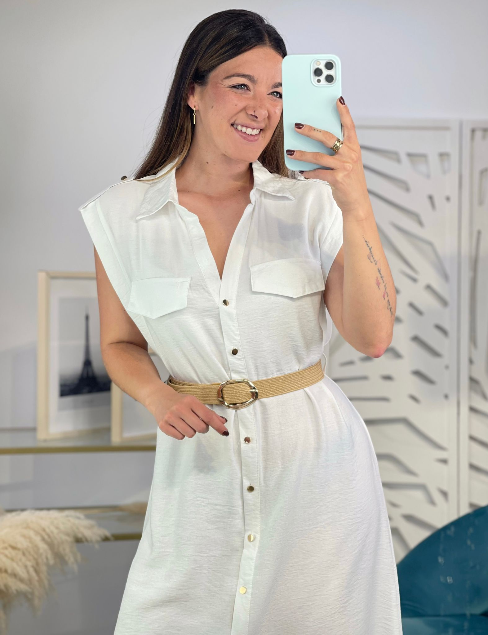 Vestido Camisero Hombreras + Cinturón - Imagen 4