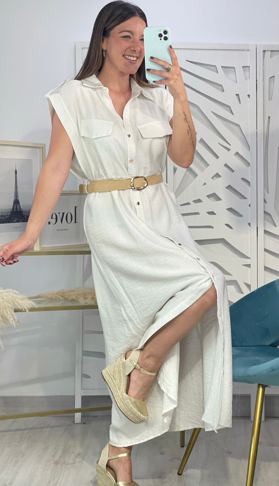 Vestido Camisero Hombreras + Cinturón - Imagen 3