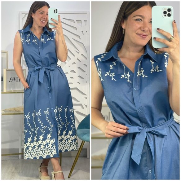 Vestido Vaquero Flores Bordadas
