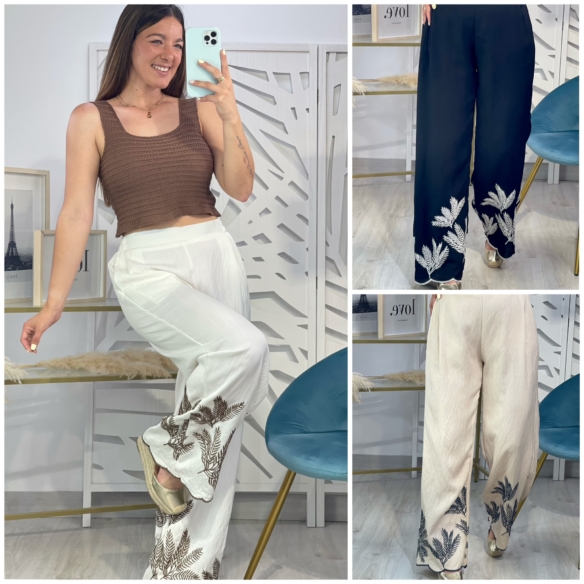 Pantalón Bajo Hojas Bordadas
