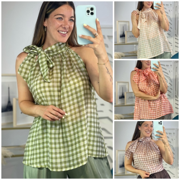 Blusa Cuadros Cuello Halter