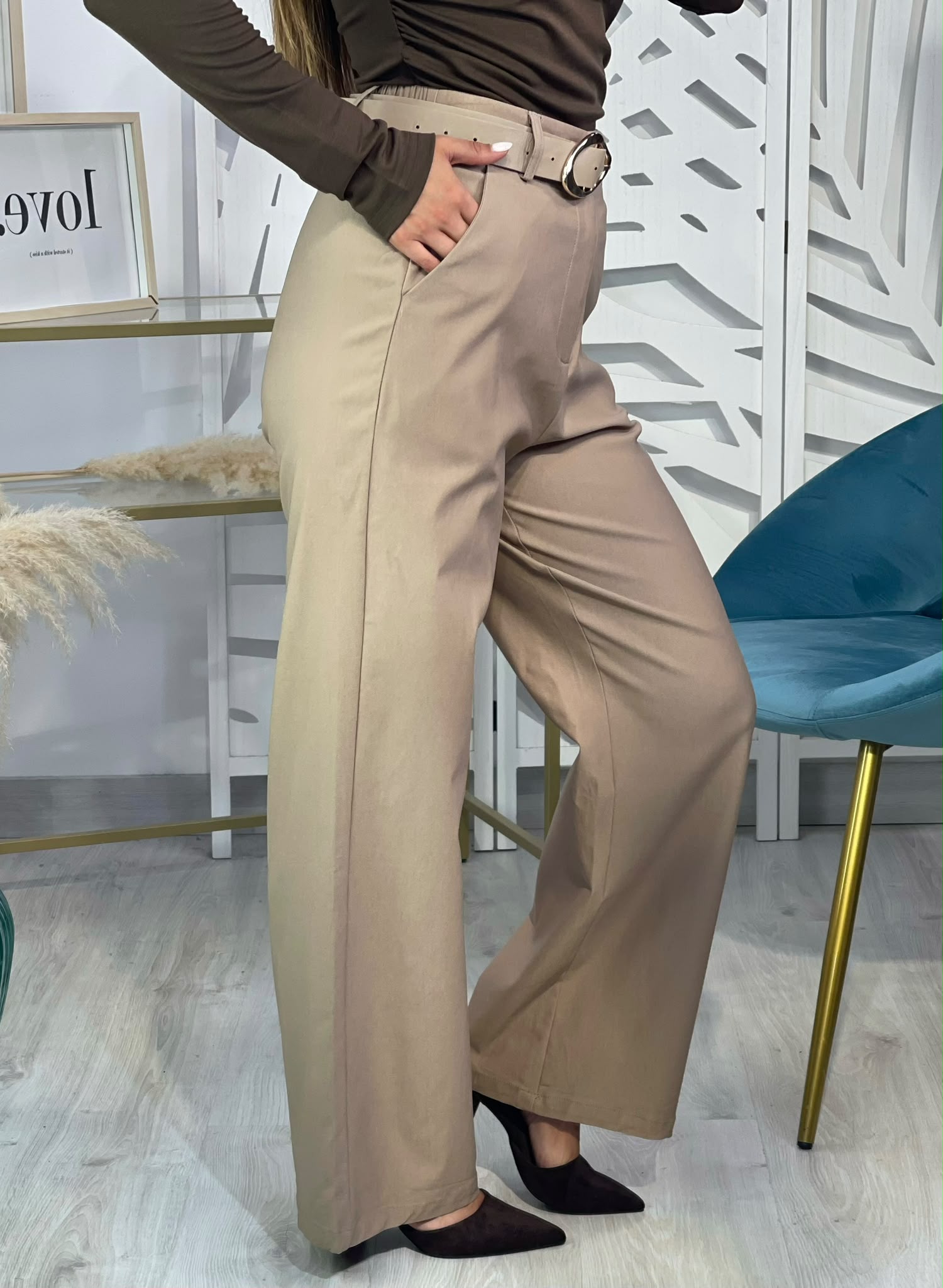 Pantalón Recto + Cinturón - Beige - Imagen 4