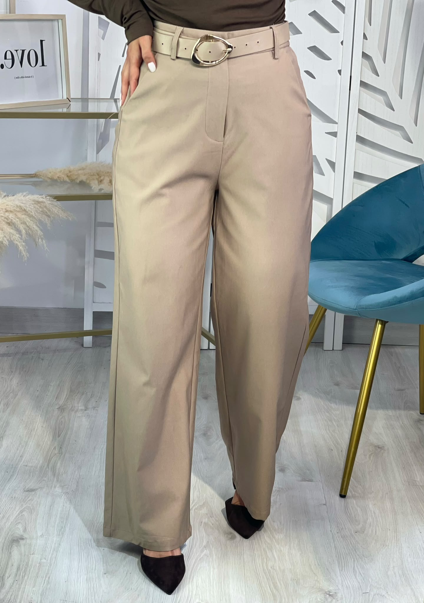 Pantalón Recto + Cinturón - Beige - Imagen 3