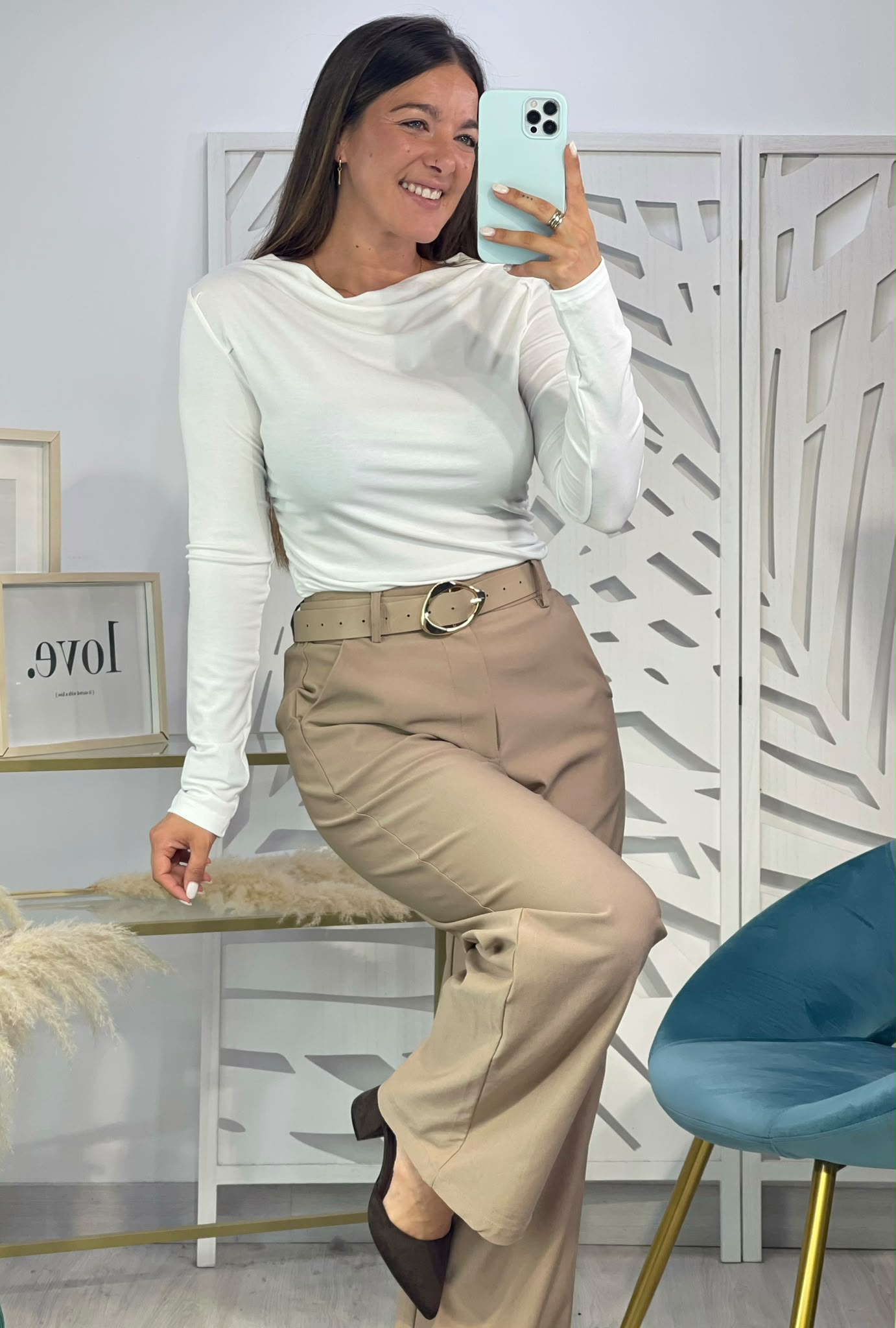 Pantalón Recto + Cinturón - Beige - Imagen 2