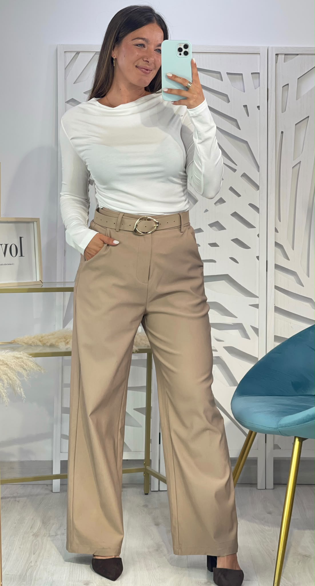 Pantalón Recto + Cinturón - Beige - Imagen 6